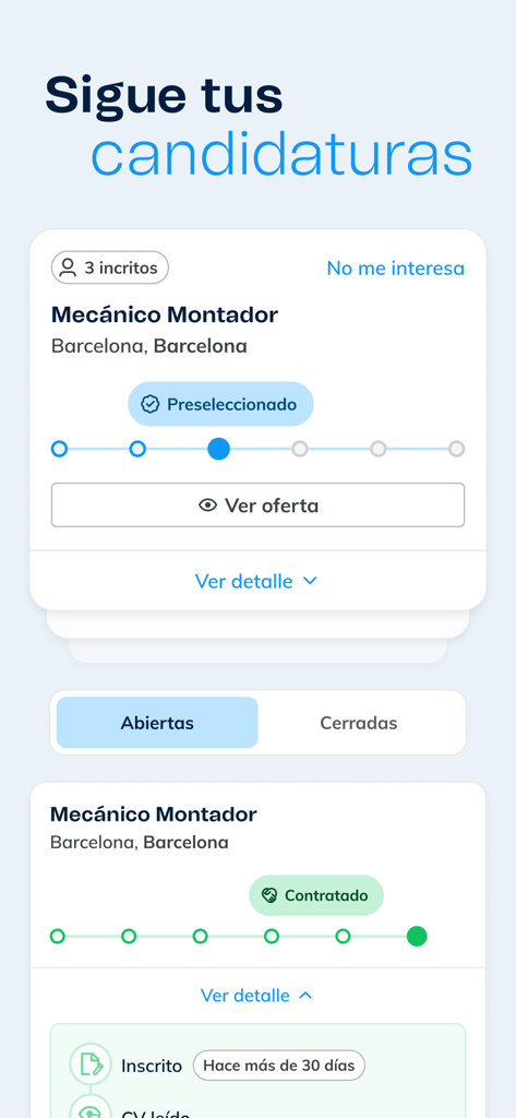 Interfaccia dell'app Eurofirms che mostra una barra di avanzamento per monitorare lo stato della candidatura da pre-selezionato ad assunto