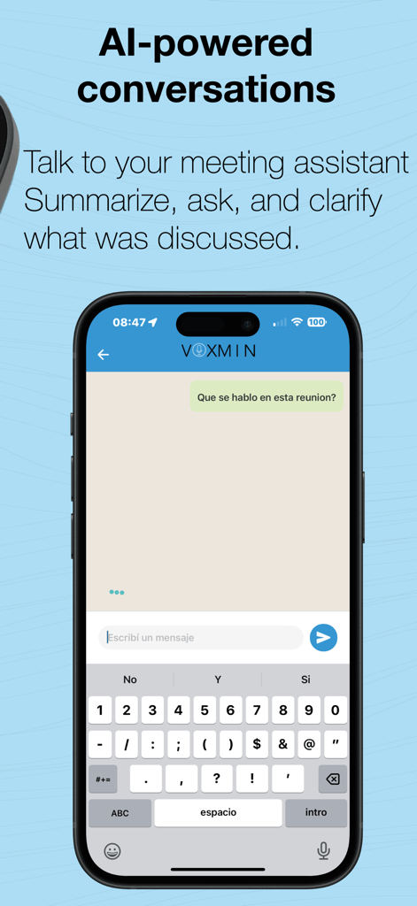 Whisper AI: Voice to Text Pro - An iPhone screenshot of the Whisper AI app interface showing an AI meeting assistant chat for summarizing and clarifying discussions