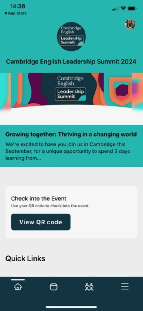 Cambridge English events - Cambridge English Leadership Summit 2024 event screen showing QR code check-in and navigation menu