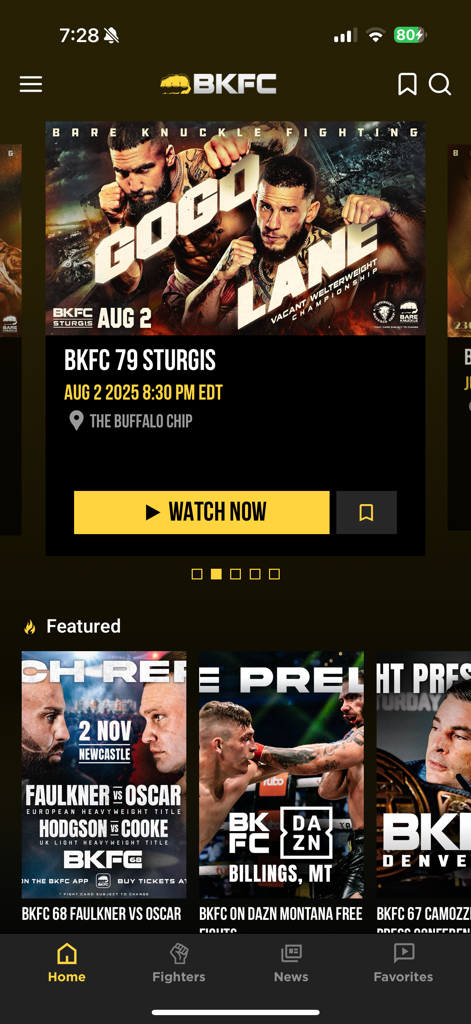 BKFC+ Beta - BKFC Plus Beta app home screen featuring live bare knuckle fighting events and featured fight cards