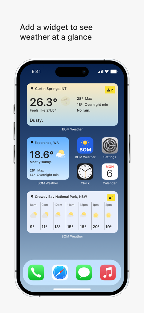 iPhone home screen displaying various BOM Weather widgets with Australian location forecasts