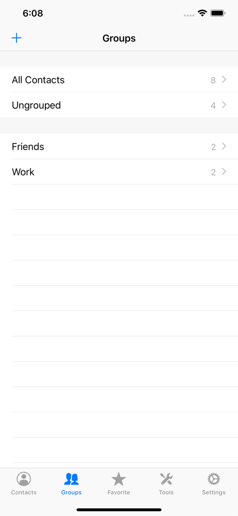 We Contacts - We Contacts app screen displaying contact groups including Friends and Work