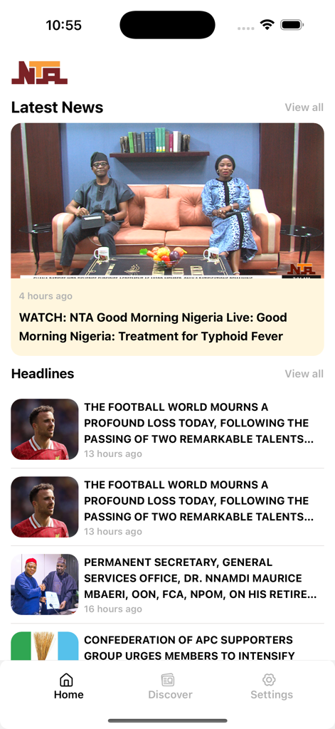 Schermata home dell'app mobile NTA News con una trasmissione in diretta e titoli di notizie nigeriane.