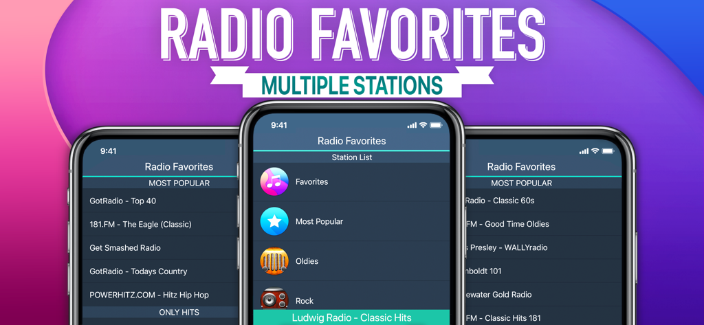 Radio Favorites app displaying a list of music categories and popular radio stations on three mobile devices