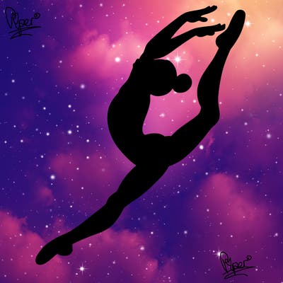 gymnast doing a leap in a leotard with a bent back leg