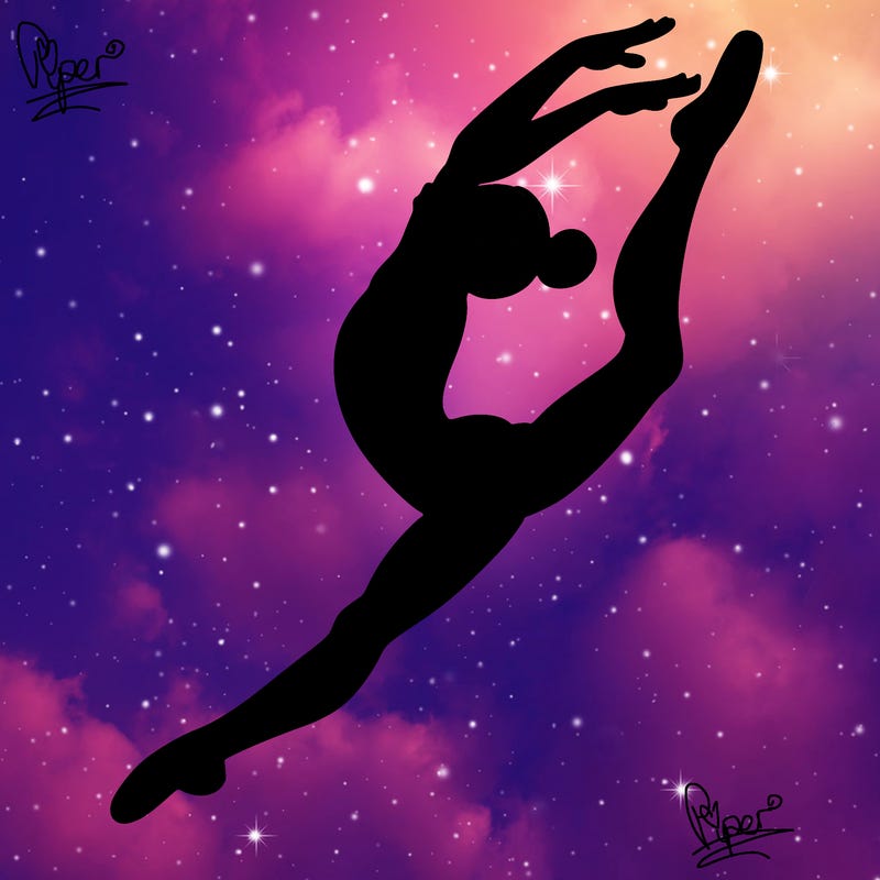 gymnast doing a leap in a leotard with a bent back leg