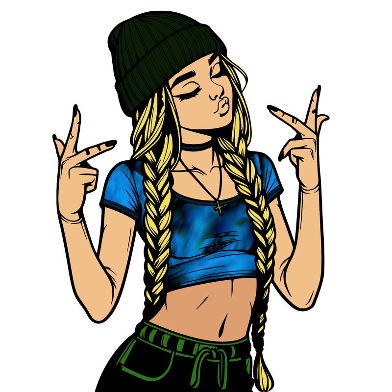 realistic teenage girl with braids and a beanie and crop top doing 🫶🏼