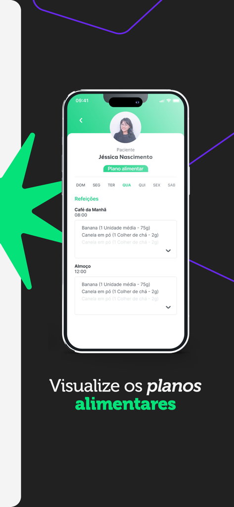 Dietbox para profissionais - Interface showing a patient's personalized meal plan within the Dietbox professional app.