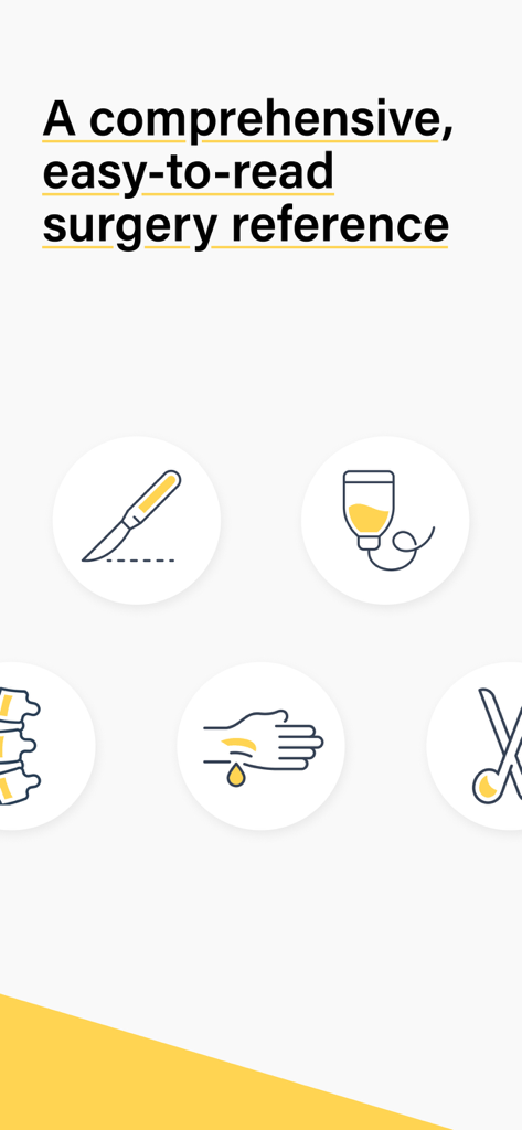 Teach Me Surgery app screen with medical icons and text describing it as a comprehensive surgery reference