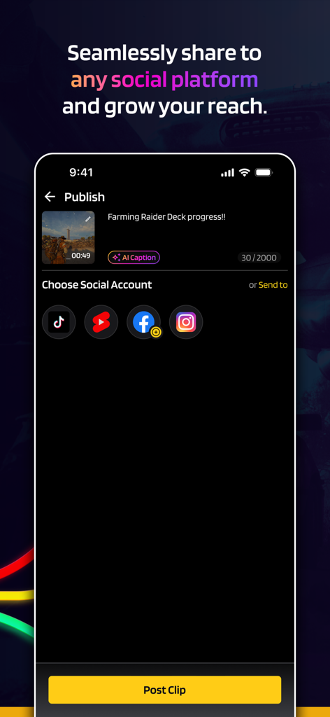Eklipse.gg - Eklipse app publish screen showing social media sharing options to TikTok YouTube and Instagram