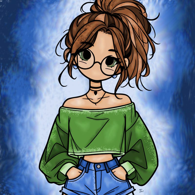 girl with a messy ponytail glasses a baggy crop top and jean shorts