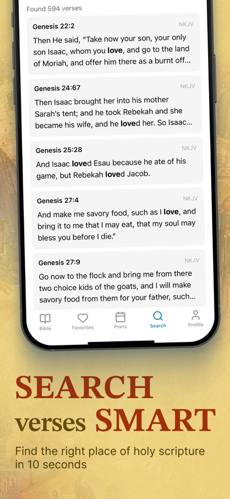 Eastern Orthodox Study Bible - Bible app interface showing keyword search results for verses in the Book of Genesis