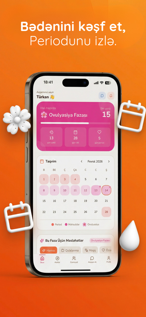 Anacan - Interfaz de la aplicación móvil Anacan en azerbaiyano que muestra el estado de la fase de ovulación y un calendario del ciclo menstrual