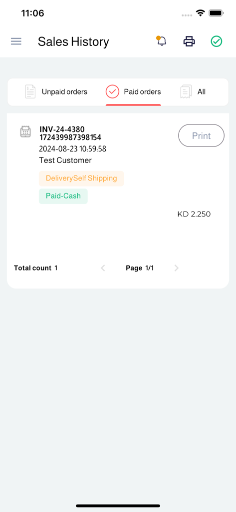 Bildschirm für die Verkaufshistorie von OSOSS POS, der eine Liste bezahlter Bestellungen anzeigt