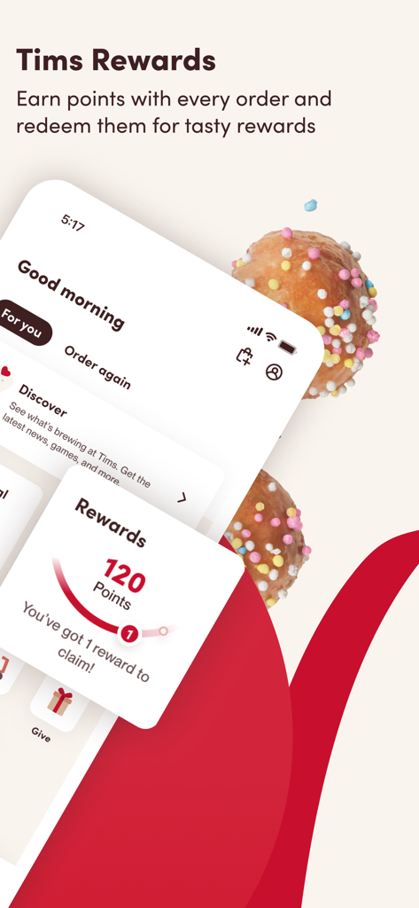 Tim Hortons app interface showing Tims Rewards points and available claims.