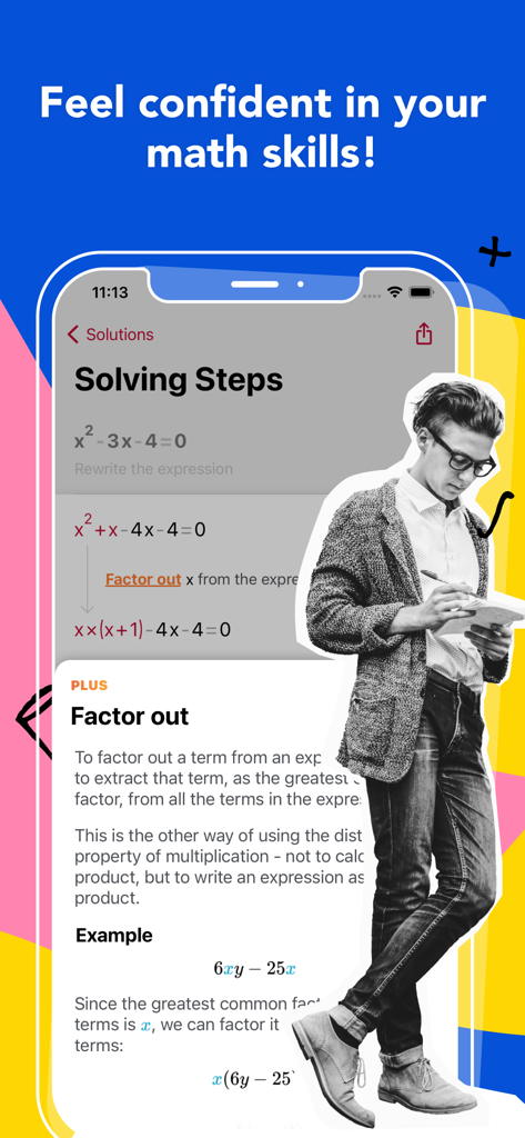 Interface do aplicativo Photomath exibindo explicações detalhadas de problemas matemáticos passo a passo e uma estudante fazendo anotações.