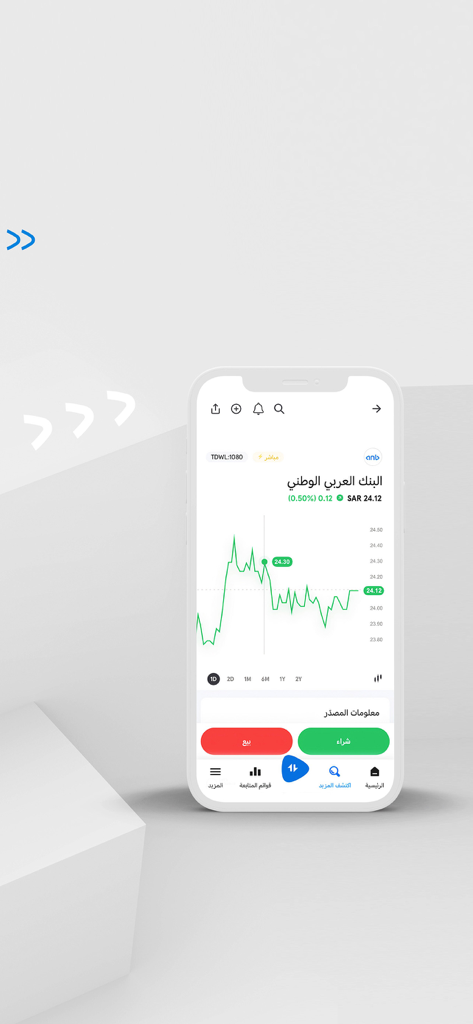 anb capital - A smartphone screen showing the anb capital app with a Saudi stock price chart and trading options