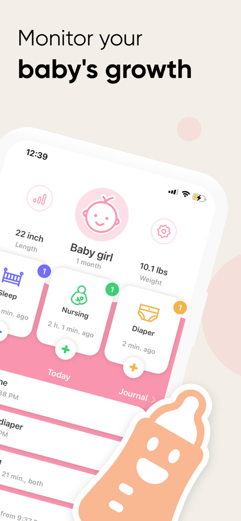 Baby Tracker • My Baby - Baby Trackerのモバイルアプリ画面。体重や身長などの成長指標と、女の子の赤ちゃんのための授乳とおむつの記録が表示されています。
