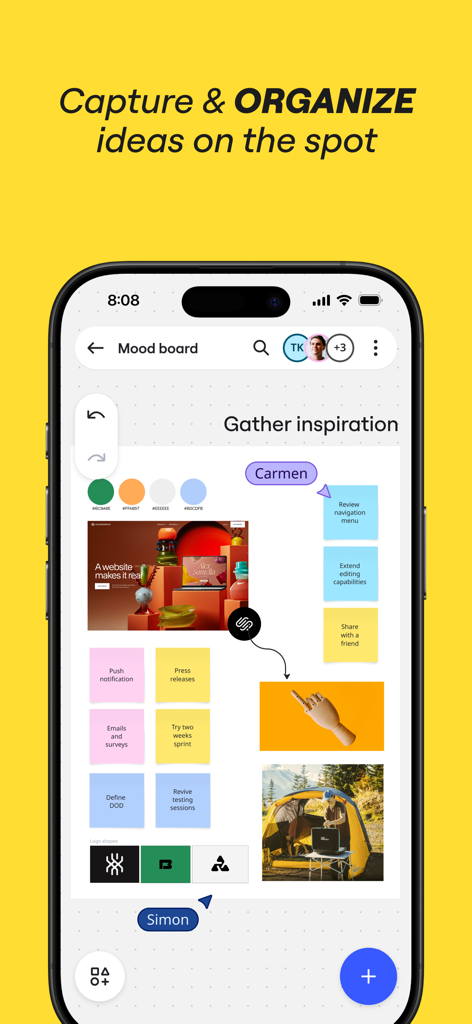 Interface do aplicativo móvel Miro exibindo um mood board colaborativo com notas adesivas e imagens para organizar ideias.
