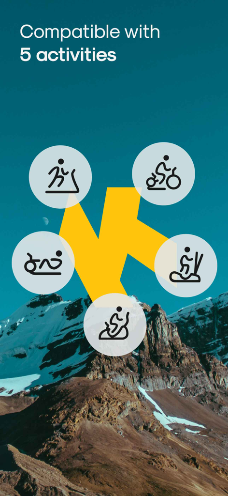 Kinomap: Bike, Run, Row - Five icons representing the indoor activities compatible with the Kinomap app displayed over a mountain landscape background