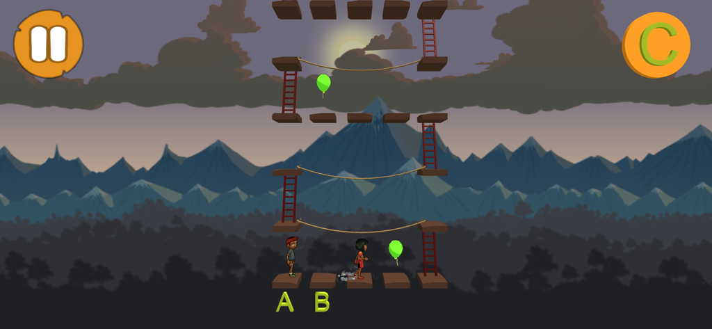 캐릭터들이 플랫폼과 사다리를 오르며 알파벳 A와 B를 배우는 교육 게임 플레이 화면