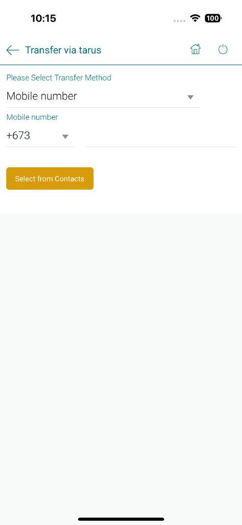 TAIBVX - TAIBVX app interface for fund transfer via mobile number showing the Brunei country code selection