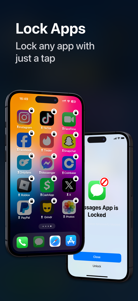 An iPhone screen showing various social media and financial apps with lock icons
