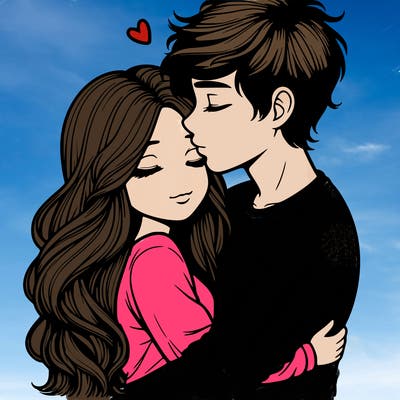 a realistic couple boy and girl hugging and kissing