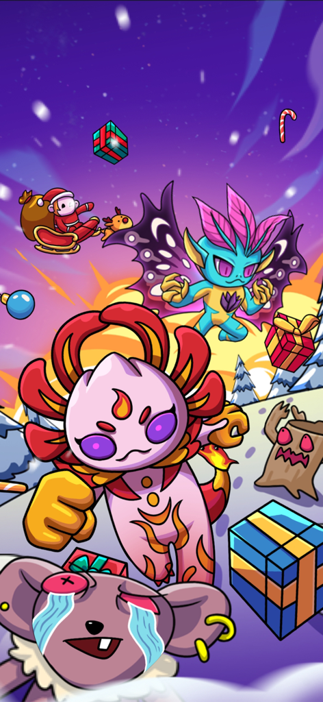 Colorful cartoon critters in a snowy winter landscape with Christmas gift boxes and Santa on a sleigh.