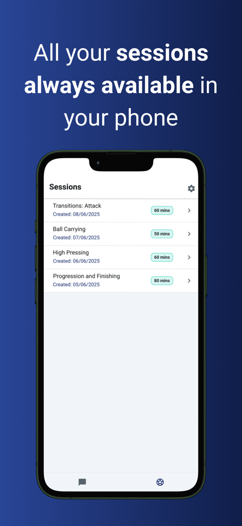 FutCoach - Aplicación móvil FutCoach mostrando una lista de sesiones de entrenamiento de fútbol guardadas como Transiciones y Presión Alta.