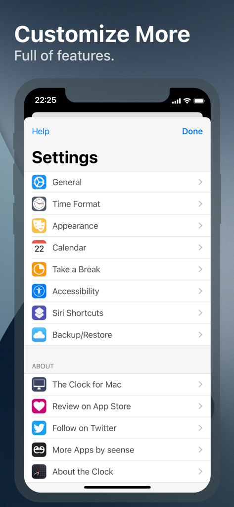 Settings menu of The Clock app showing customization and productivity options