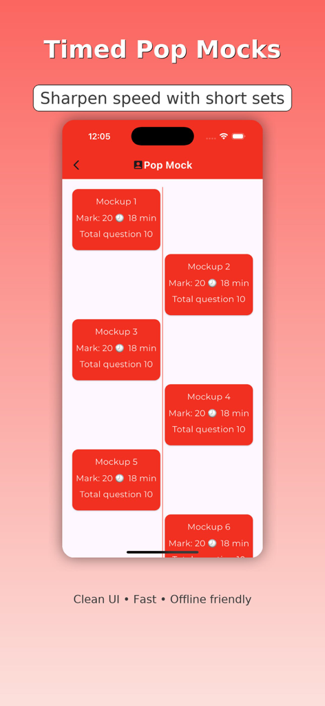 Flight Attendant Exam Quiz - Mobile screen showing a selection of timed pop mock exams for flight attendant training