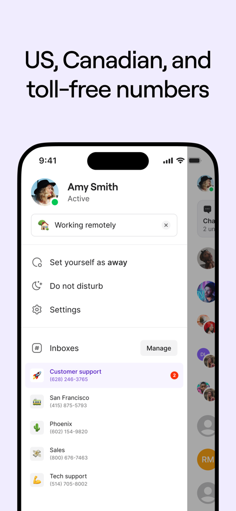 Quo app interface showing multiple US and Canadian business phone numbers with shared inboxes for remote teams