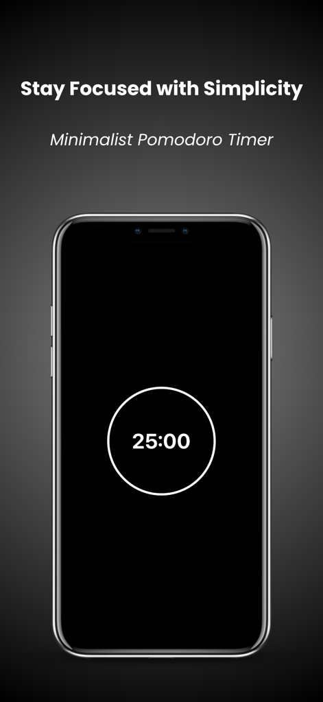 ダークモードで25分間のカウントダウンが表示されるミニマリストなポモドーロタイマーを示すスマートフォンの画面