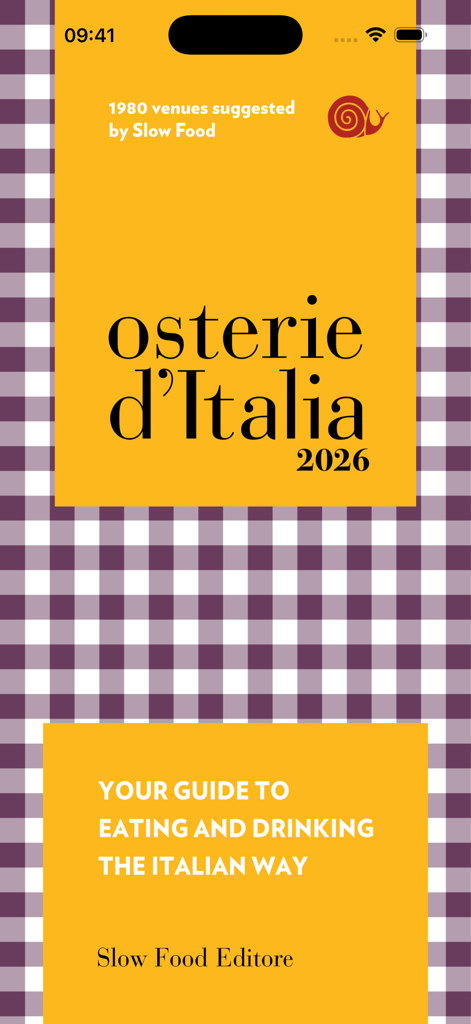 Osterie d Italia 2026 App Splashscreen mit dem Slow Food Schnecken-Logo und Slogan für einen italienischen Restaurantführer.