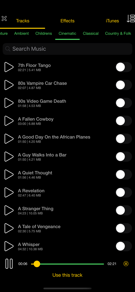 Gacha Animator - PocketVideo - Music selection screen in Gacha Animator showing a list of cinematic audio tracks for video editing