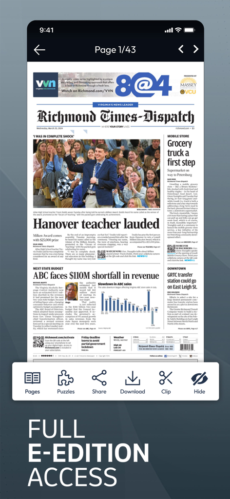 Richmond Times Dispatch mobile app displaying the full digital e-edition newspaper interface