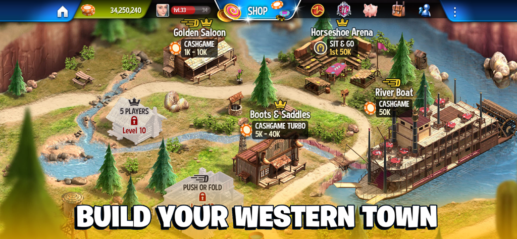 Governor of Poker 3 - Holdem - Une carte colorée d'une ville du Far West dans Governor of Poker 3, avec des salles de poker et un bateau fluvial.