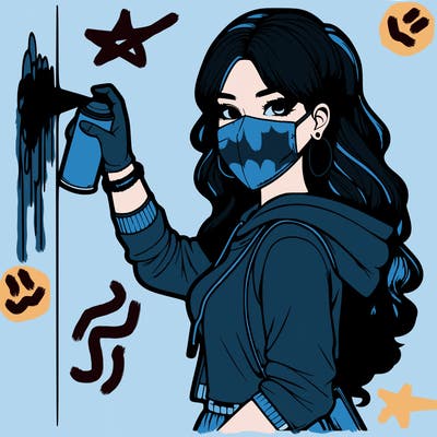 realistic girl with mask spray painting a wall