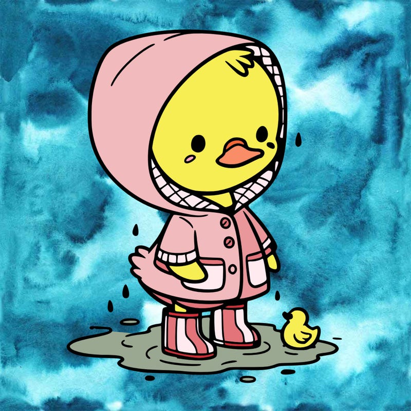 baby duck in a rain coat and boots, in a puddle while it’s raining