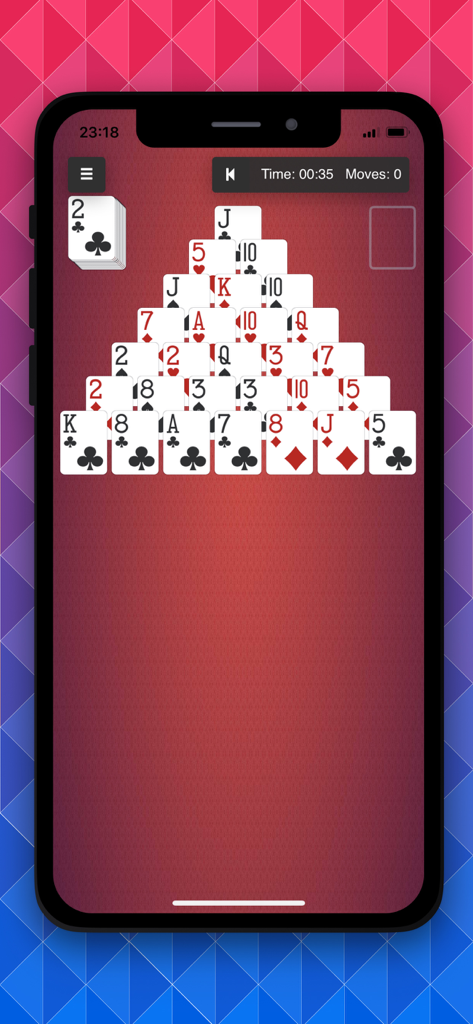 B6 Solitaire: 18 Classic Games - A game of Pyramid Solitaire being played on a mobile device with a red background