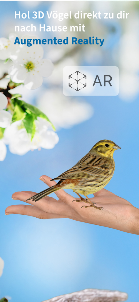 NABU Vogelwelt - NABU Vogelweltアプリの拡張現実機能を使用して、人物の手に黄色い鳥が表示されています。