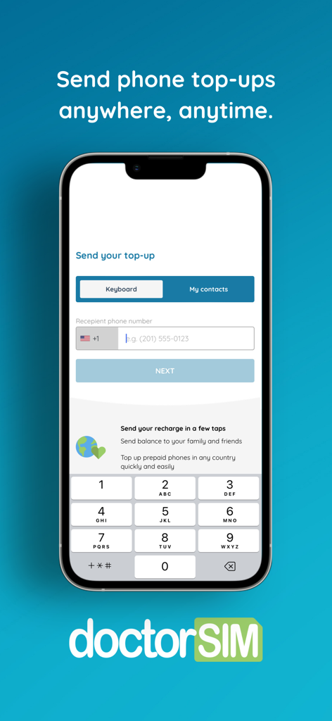 Mobile Recharges by doctorSIM - Interface of the doctorSIM app showing the screen to enter a recipient phone number for a mobile top-up