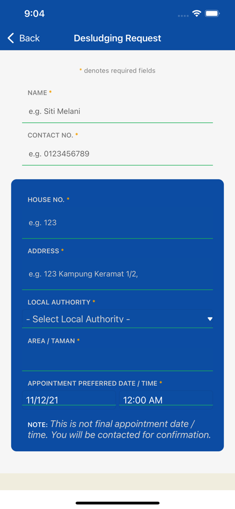 Indah Water - Indah Water app desludging request form screen with fields for name address and appointment