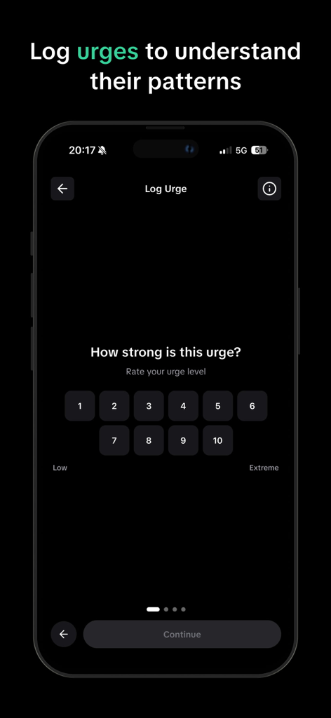 Unload: Overcome Lust with CBT - Una pantalla móvil para registrar y calificar la intensidad del impulso de 1 a 10 en la aplicación Unload.