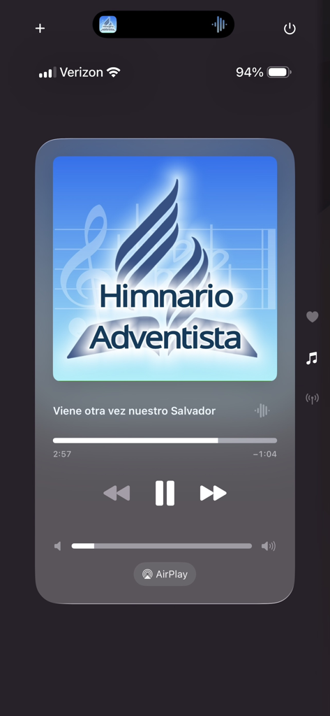Himnario Adventista Completo - Audio player interface of the Himnario Adventista app showing playback controls and the hymn Viene otra vez nuestro Salvador
