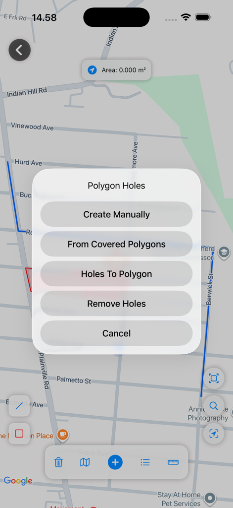 UTM Geo Map Y2Tech - Polygon holes menu options in the UTM Geo Map surveying application