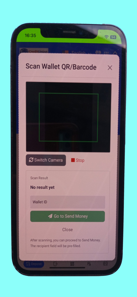 Credit Union Mobile App - QR code scanner screen in the Credit Union app for quick wallet transfers
