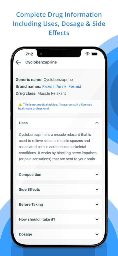 Pill Identifier & Drug Search - Mobile app screen showing detailed medical information for the drug Cyclobenzaprine including uses and dosage
