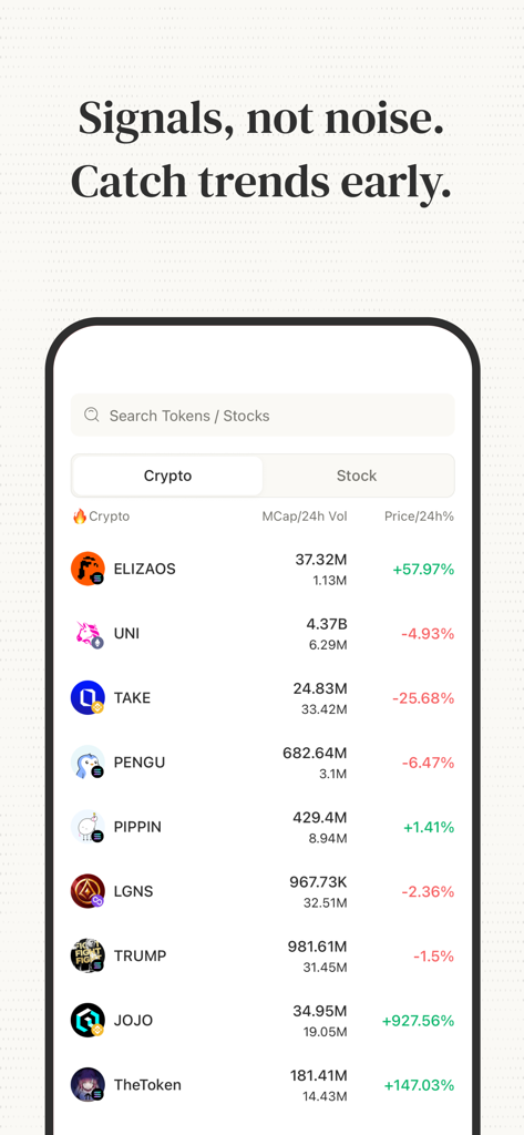 Minara AI mobile app dashboard showing a list of trending cryptocurrencies with their market capitalization and real-time price changes.